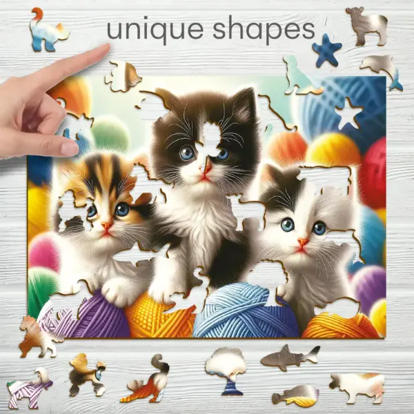 Kiscicák és fonalgombolyag fa puzzle
