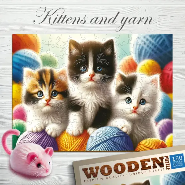 Kiscicák és fonalgombolyag fa puzzle