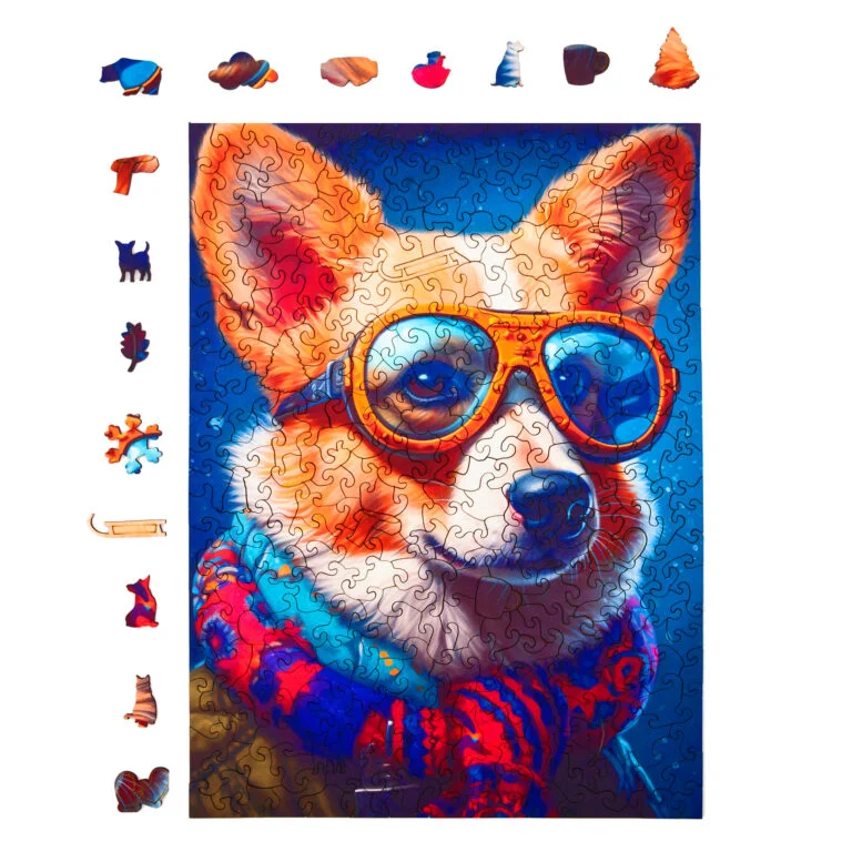 Colin corgi cu puzzle din lemn