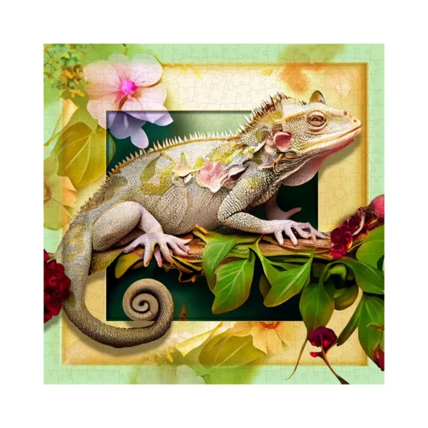 cameleon si flori puzzle din lemn