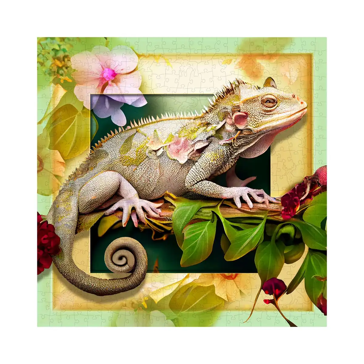 cameleon si flori puzzle din lemn