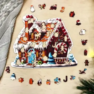 Colibă de turtă dulce, puzzle din lemn