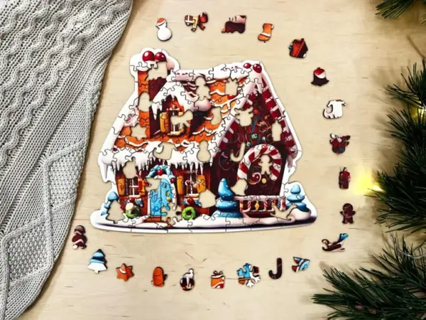 Colibă de turtă dulce, puzzle din lemn