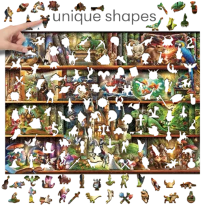 un puzzle din lemn cu basme pe fiecare raft