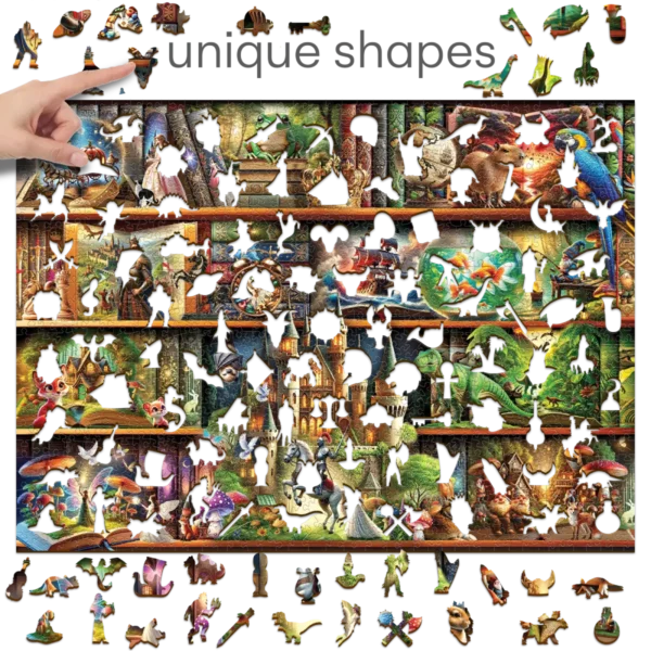 un puzzle din lemn cu basme pe fiecare raft