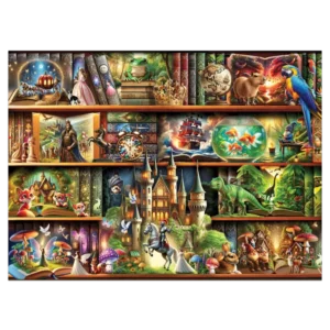 un puzzle din lemn cu basme pe fiecare raft