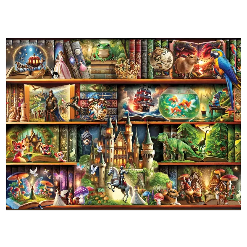 un puzzle din lemn cu basme pe fiecare raft