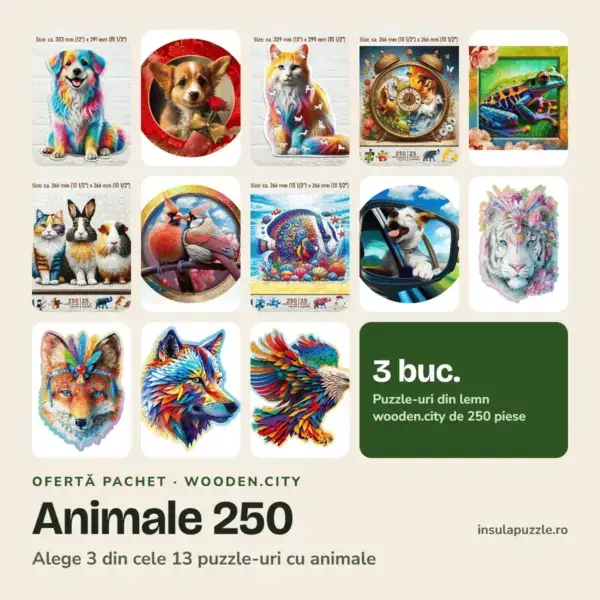 Pachet puzzle din lemn cu animale – 250 piese