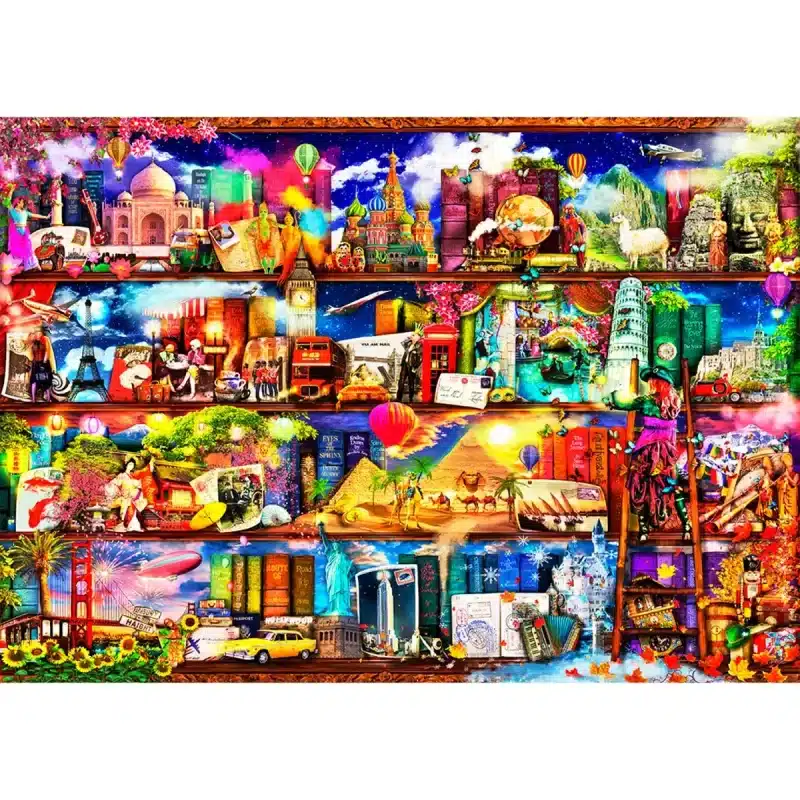 în jurul lumii călătorie bibliotecă raft din lemn puzzle