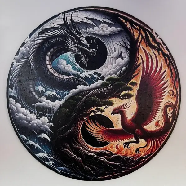 dragon și phoenix puzzle din lemn